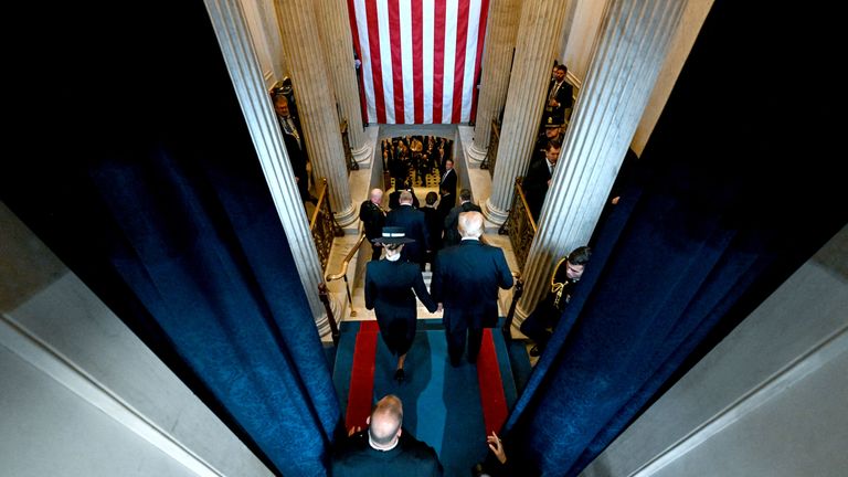 First Lady Melania Trump and President Donald J. Trump exiting the stage of the inauguration of Donald Trump as the 47th president of the United States takes place inside the Capitol Rotunda of the U.S. Capitol building in Washington, D.C., Monday, January 20, 2025. It is the 60th U.S. presidential inauguration and the second non-consecutive inauguration of Trump as U.S. president. Kenny Holston/Pool via REUTERS