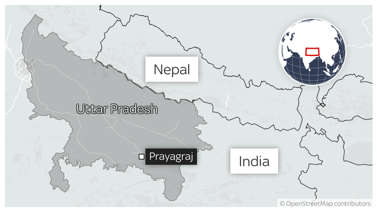 map showing location of stampede at massive Maha Kumbh festival in India
