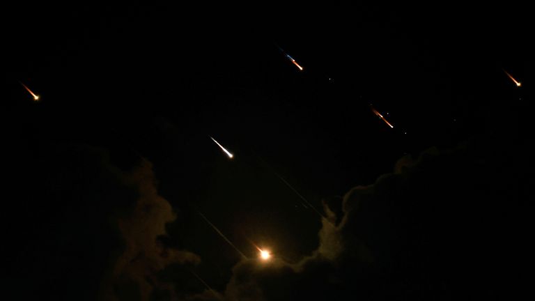 Rockets seen from Tel Aviv after Iran fired ballistic missiles at Israel. Pic: Reuters