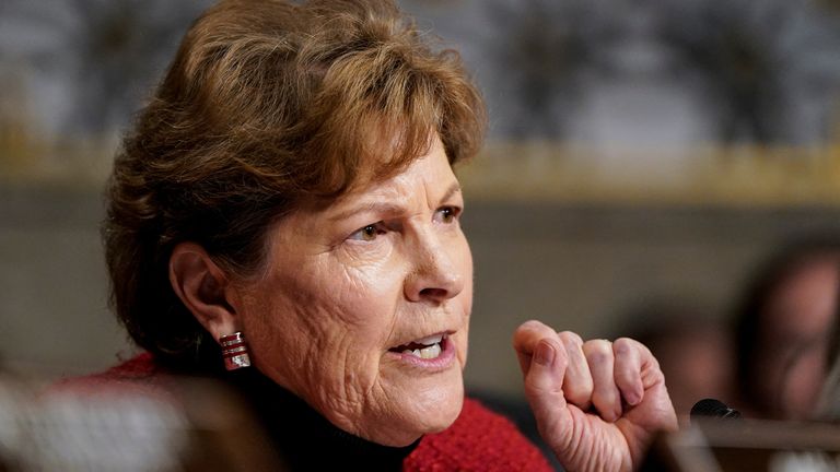 U.S. Senator Jeanne Shaheen (D-NH) speaks as Pete Hegseth, U.S. President-elect Donald Trump's nominee to be secretary of defense, testifies before a Senate Committee on Armed Services confirmation hearing on Capitol Hill in Washington, U.S., January 14, 2025. REUTERS/Elizabeth Frantz