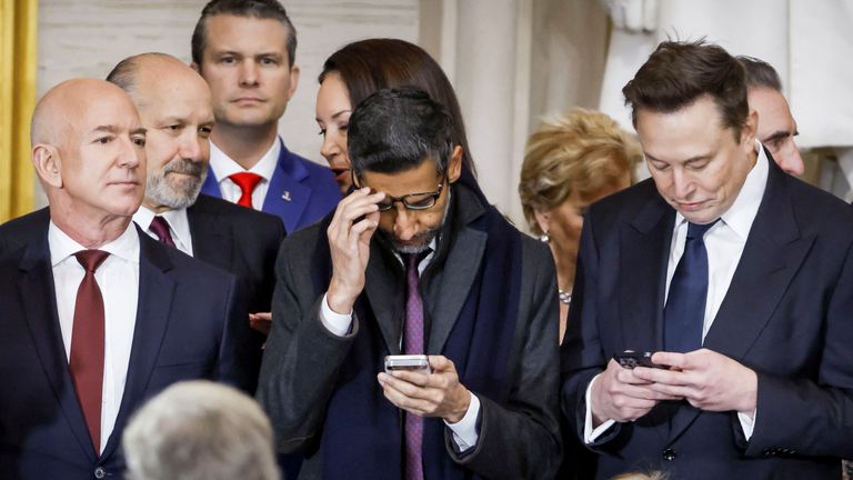 Jeff Bezos, Alphabet’s CEO Sundar Pichai and Elon Musk attend Donald Trump’s inauguration.
Pic: reuters