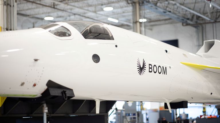 The XB-1 demonstrator aircraft that Boom Supersonic is using to test more than 50 years of improvements in technology for their proposed aircraft, Overture, with which they hope to resurrect commercial supersonic air travel across the Atlantic, is seen in Centennial, Colorado, U.S., August 13, 2021. Picture taken August 13, 2021. REUTERS/Alyson McClaran REFILE - CORRECTING INFORMATION