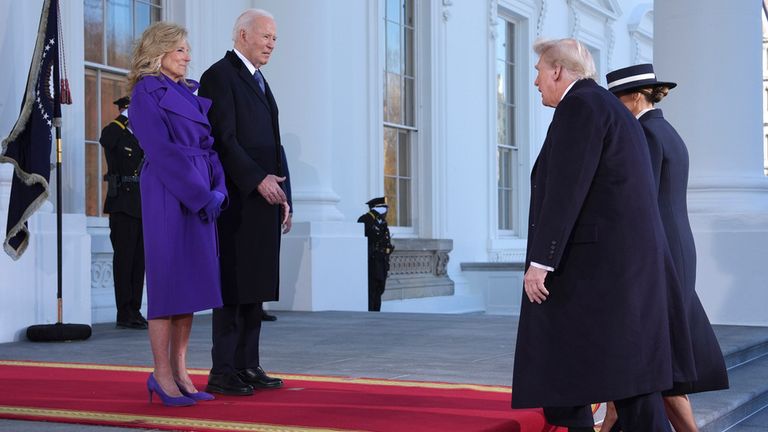 The Bidens greet the Trumps at the White House earlier on Monday. Pic: AP