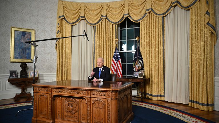 US President Joe Biden delivers his farewell address to the nation from the Oval Office of the White House in Washington, DC, on January 15, 2025. (Photo by Mandel NGAN / POOL / AFP) Photo by: MANDEL NGAN/picture-alliance/dpa/AP Images