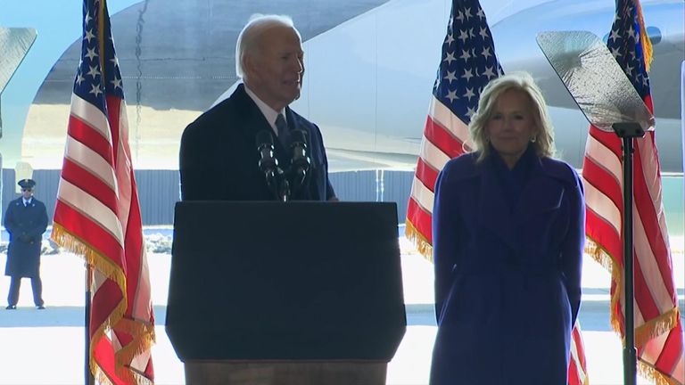 Former president Joe Biden addressed members of his administration at Joint Base Andrews. 