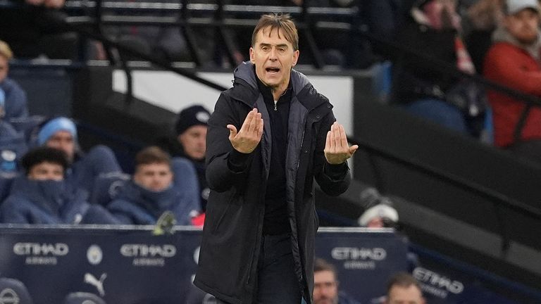 Julen Lopetegui during Saturday's 4-1 defeat at Manchester City. Pic: PA