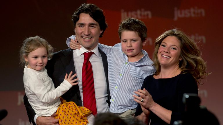 Mr Trudeau, his wife and children celebrate after he won the Federal Liberal leadership in 2013 in Ottawa. Pic: AP/The Canadian Press/Adrian Wyld