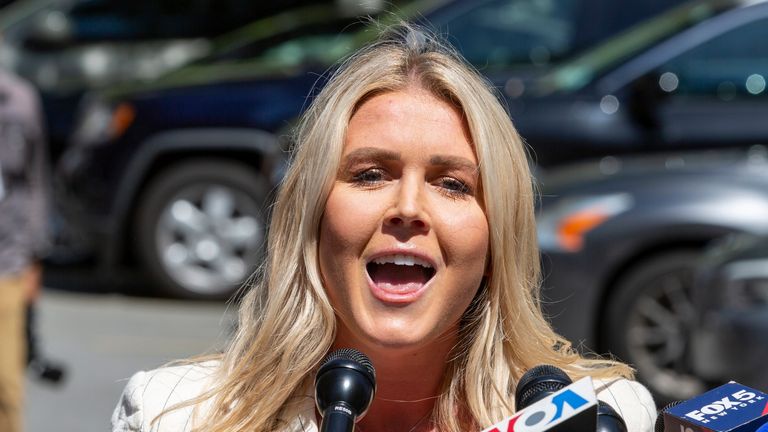 FILE - Karoline Leavitt speaks to the quality    media crossed  the thoroughfare  from Republican statesmanlike  nominee erstwhile  President Donald Trump's transgression  proceedings  successful  New York, May 28, 2024. (AP Photo/Ted Shaffrey, File)