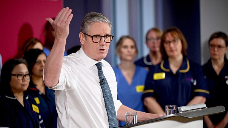 Keir Starmer gives a speech on reducing NHS wait times.
Pic: Reuters