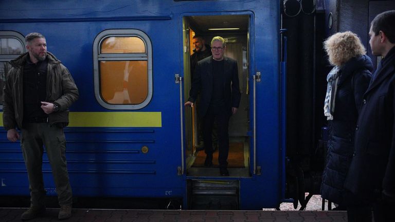 Sir Keir took an overnight train from the Polish border to Kyiv for his first visit to Ukraine as PM. Pic: PA