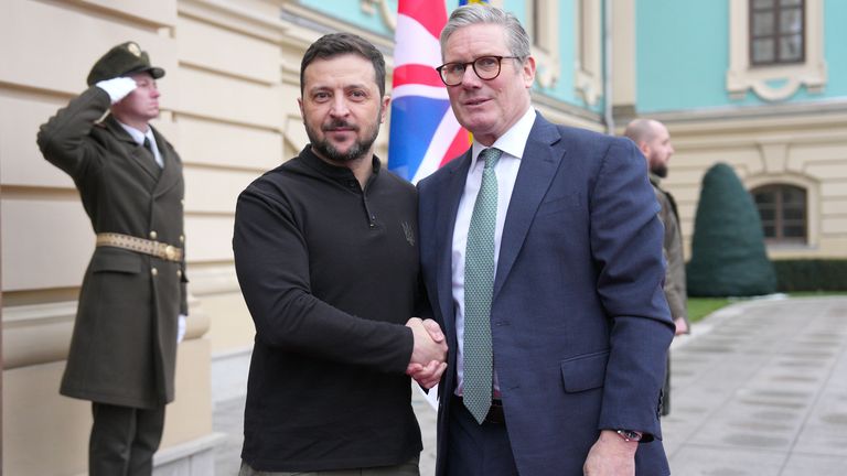 Keir Starmer and Volodymyr Zelenskyy arrive for their bilateral talks in Kyiv, Ukraine.
Pic: PA