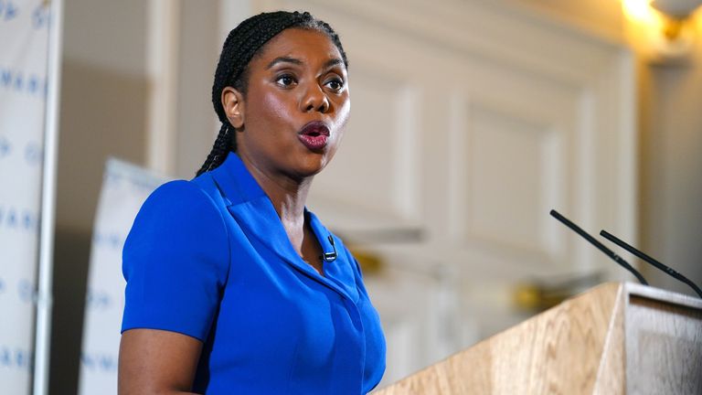 Conservative Party leader Kemi Badenoch giving a speech at 116 Pall Mall.
Pic: PA