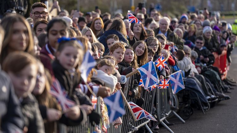 Crowds wait to meet King Charles III during his visit to The Gate charity in Alloa, Clackmannanshire, a community resource that offers support, practical help, and provides a safe environment to those affected by homelessness and food insecurity. Picture date: Thursday January 16, 2025.