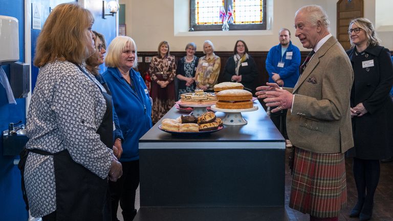 King Charles III during his visit to The Gate charity in Alloa, Clackmannanshire, a community resource that offers support, practical help, and provides a safe environment to those affected by homelessness and food insecurity. Picture date: Thursday January 16, 2025.