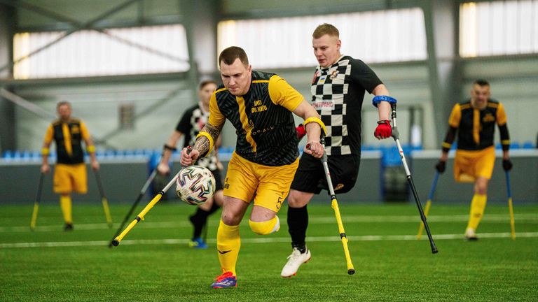 AMP FC Kyiv vs MSK Dnipro was one of the matches in Ukraine's first football tournament for war-wounded amputees. Pic: AP
