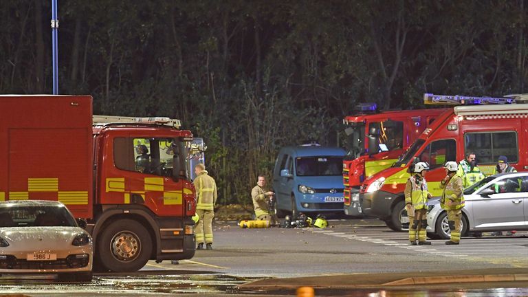 Emergency services outside the King Power Stadium in Leicester after a helicopter belonging to Leicester City Football Club owner Vichai Srivaddhanaprabha crashed in a car park.