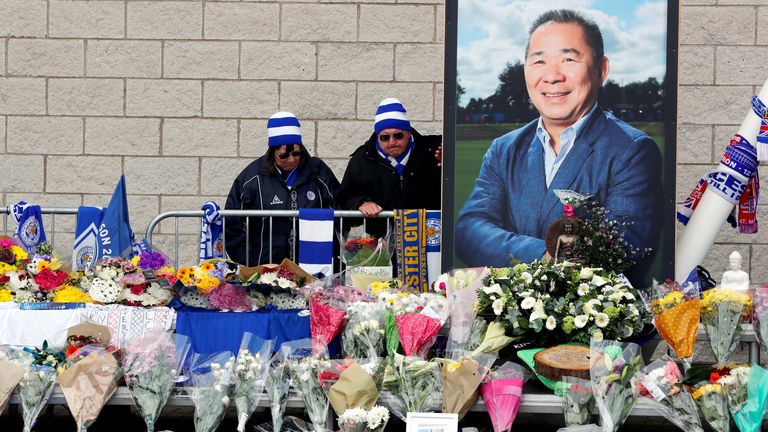 Fans react on the day a book of condolence opened for Leicester City's owner Thai businessman Vichai Srivaddhanaprabha, and four other people who died when their helicopter crashed as it left the ground after the match on Saturday, at the King Power Stadium, in Leicester, Britain October 30, 2018. REUTERS/Eddie Keogh