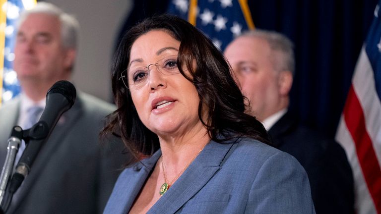 FILE - Rep. Lori Chavez-DeRemer, R-Ore., accompanied by Majority Whip Rep. Tom Emmer, R-Minn., left, and House Majority Leader Rep. Steve Scalise, R-La., right, speaks at a news conference on Capitol Hill in Washington, Jan. 25, 2023. (AP Photo/Andrew Harnik, File)