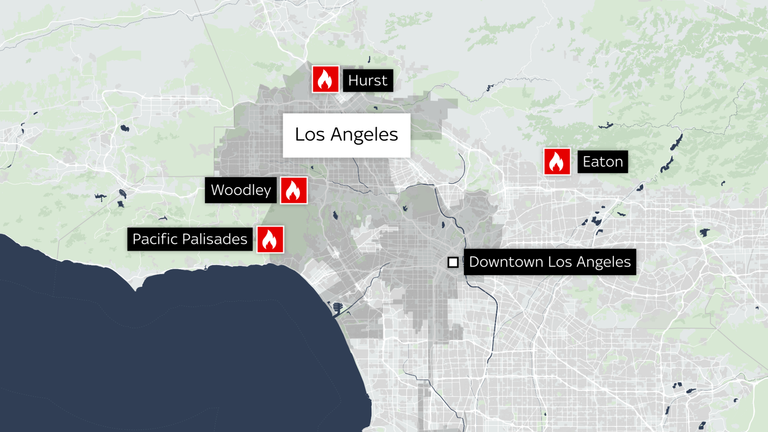 Mpa showing wildfires in Los Angeles on Wednesday 8 January 2025