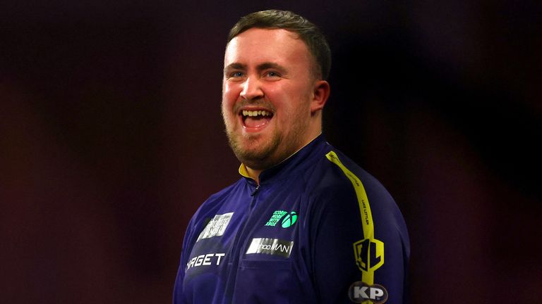 Luke Littler reacts during his quarter-final victory over Nathan Aspinall. Pic: Reuters