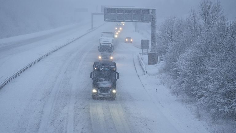 Snow covers the A1(M) near to junction 47 in Yorkshire. Pic: PA