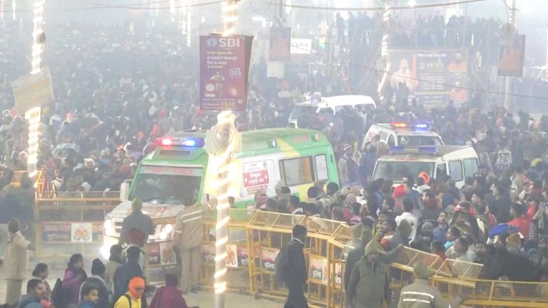 still from APTN direct showing rescue teams after a stampede at Maha Kumbh Mela festival in India Credit APTN