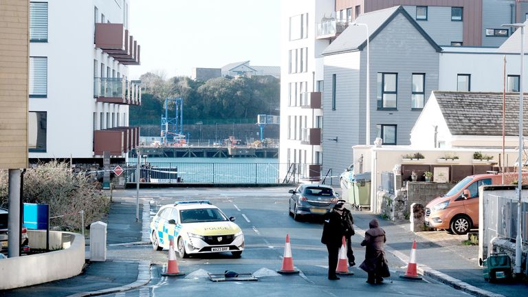 A police cordon near West Hoe Road in Plymouth, Devon, where a manhunt is under way 
Pic: PA
