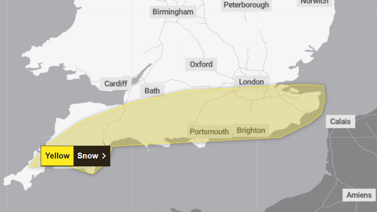 A yellow warning for snow by the Met Office for Wednesday 8 January 2025.
Pic: Met Office