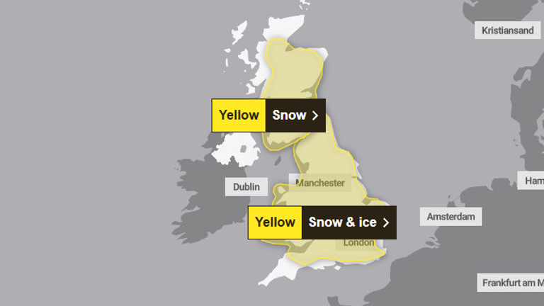 Weather warnings in place on Sunday. Pic: Met Office