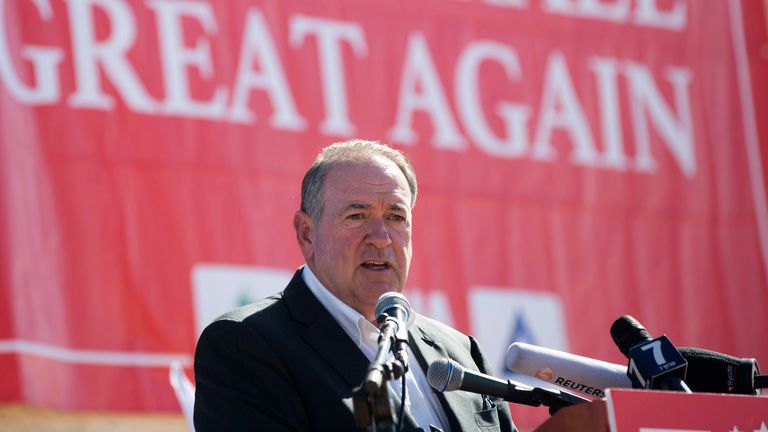 FILE - Gov. Mike Huckabee, R-Ark., takes questions from the media, prior to laying a brick at a new housing complex in the West Bank settlement of Efrat, Aug. 1, 2018. President-elect Donald Trump will nominate former Arkansas Gov. Mike Huckabee as ambassador to Israel. Trump said Tuesday that Huckabee is a staunch defender of Israel and his intended nomination comes as Trump has promised to align U.S. foreign policy more closely with Israel...s interests as it wages wars against Hamas in Gaza and Hezbollah in Lebanon.(AP Photo/Oded Balilty, File)