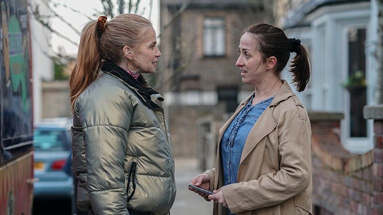 Bianca Jackson (Patsy Palmer) and Sonia Fowler (Natalie Cassidy) in EastEnders. Pic: BBC Public Service/ Kieron McCarron 2024