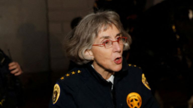 New Orleans Police Department (NOPD) chief Anne Kirkpatrick speaks with police officers during a visit to Bourbon Street, following the opening of the street, on the day of 2025 Sugar Bowl, after people were killed by a man driving a truck in an attack during New Year's celebrations, in New Orleans, Louisiana, U.S., January 2, 2025. REUTERS/Octavio Jones