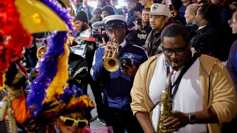 A second-line brass band performs at a vigil, after people were killed by a U.S. Army veteran who drove a truck into a crowd celebrating New Year's Day, in New Orleans, Louisiana, U.S. January 4, 2025. REUTERS/Eduardo Munoz