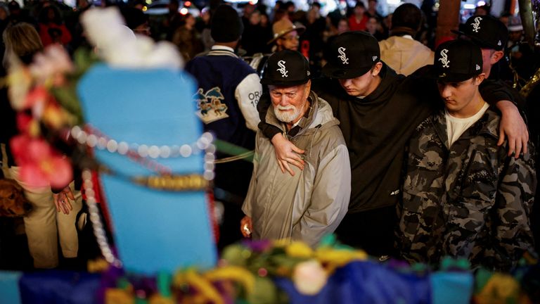 People react as they attend a vigil for the victims of a truck attack on New Year's Day, in New Orleans, Louisiana, U.S. January 4, 2025. REUTERS/Eduardo Munoz