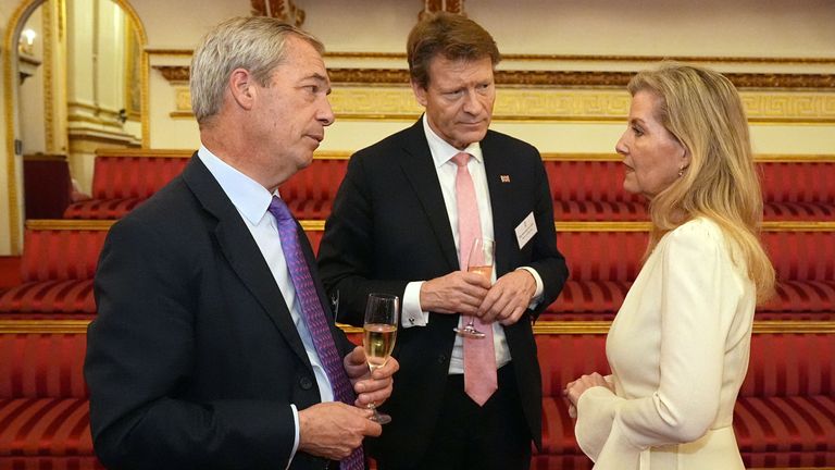Nigel Farage at the reception in Buckingham Palace, with Reform colleague Richard Tice and the Duchess of Edinburgh. Pic: Reuters