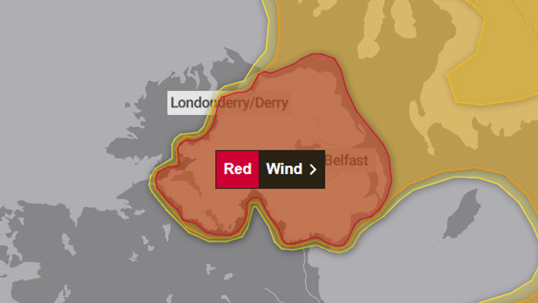 A rare red weather warning issued for Northern Ireland. Pic: met office