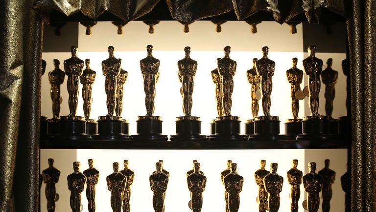 The Oscar statue is behind the scenes at the Oscars at the Dolby Theater in Los Angeles on February 28, 2016.