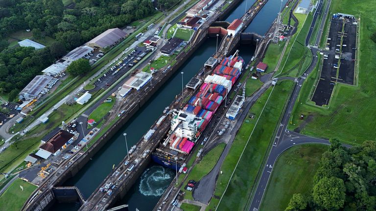 FILE - A cargo ship traverses the Agua Clara Locks of the Panama Canal in Colon, Panama, Sept. 2, 2024. (AP Photo/Matias Delacroix, File)