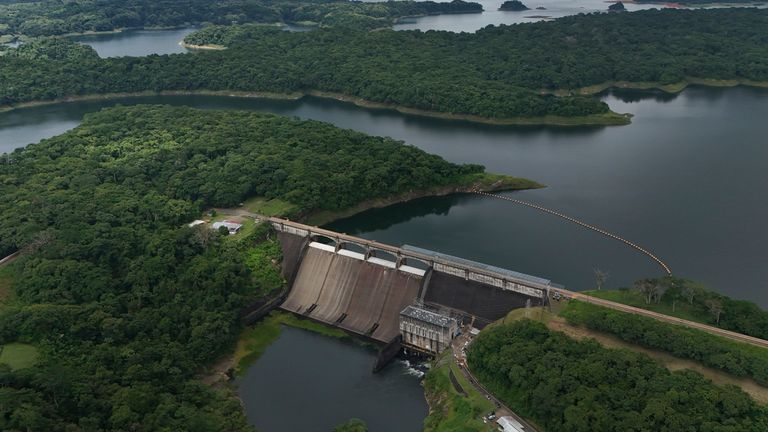 The Panama Canal's Madden Dam stands in Alajuela Lake in Colon, Panama, Monday, Sept. 2, 2024. (AP Photo/Matias Delacroix)