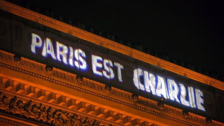 Projectors display the writing 'Paris est Charlie' on the historic 'Arc de Triomphe' in Paris, France, 10 January 2015. Photo by: Fredrik von Erichsen/picture-alliance/dpa/AP Images


