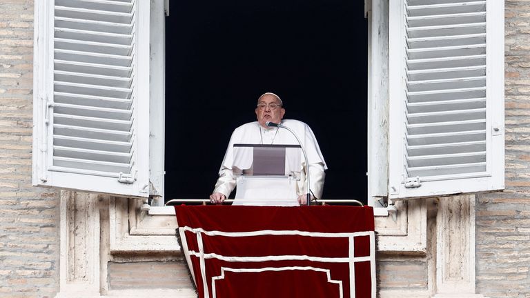 Pope Francis leads the Angelus prayer from his window, at the Vatican, January 26, 2025. REUTERS/Yara Nardi