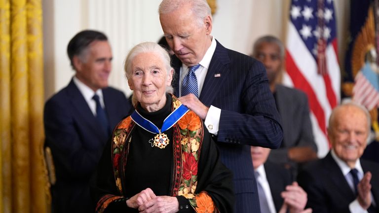 President Joe Biden presents the Presidential Medal of Freedom to conservationist Jane Goodall. Pic: AP