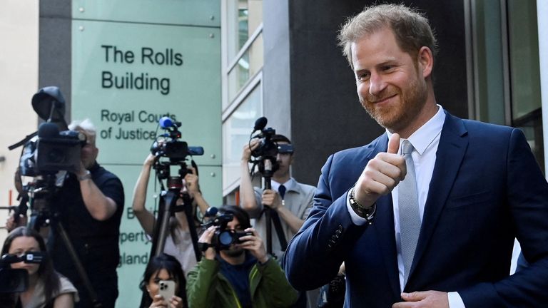 FILE PHOTO: Britain's Prince Harry, Duke of Sussex, departs the Rolls Building of the High Court in London, Britain June 7, 2023. REUTERS/Toby Melville/File Photo