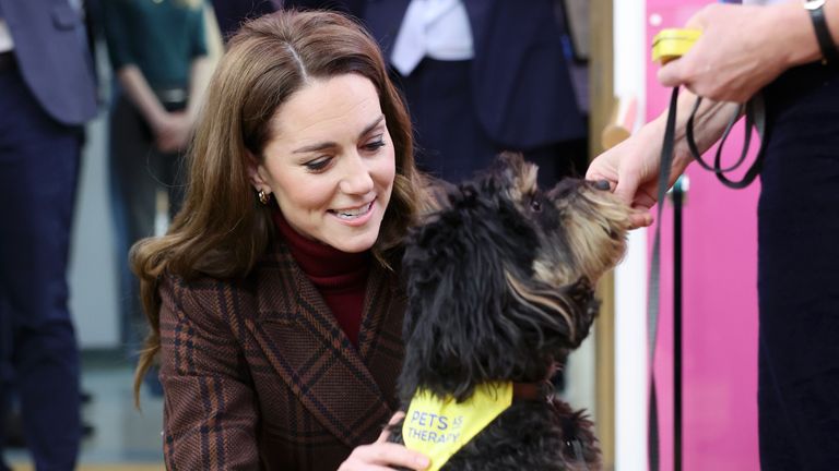 The Princess of Wales meets Scout, a therapy dog, during a visit to the Royal Marsden Hospital.
Pic: PA