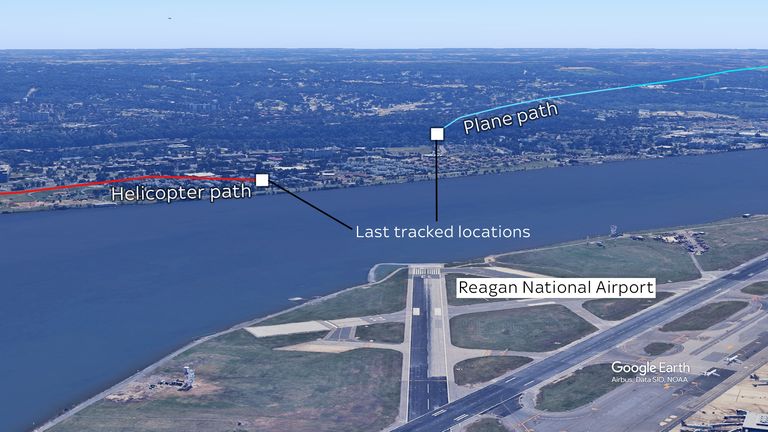 Last tracked locations for both flights, according to data from Flightradar24. Pic: Google Earth