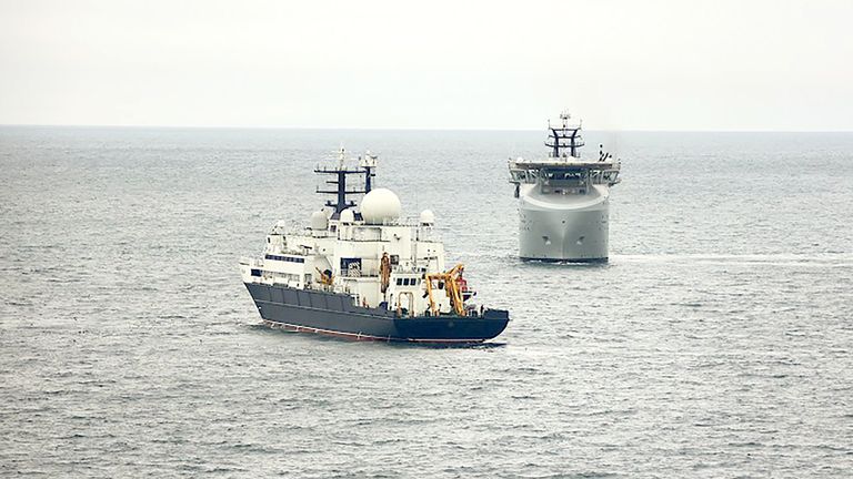 RFA Proteus monitoring Russian ship Yanter in November 2024. 
Pic: Royal Navy/PA 