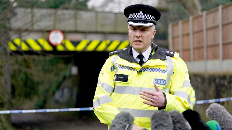 Chief Superintendent Richard North speaking to the media at the scene near Scribers Lane in the Hall Green area of Birmingham.
Pic: PA