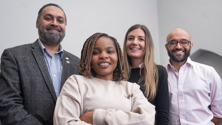 (Left to right) Consultant Neurosurgeon Asim Sheikh, patient Ruvimbo Kaviya, Biomedical Engineer Lisa Ferrie and Facial surgeon Jiten Parmar, after Ruvimbo Kaviya became the first person in the UK to receive groundbreaking surgery to remove a tumour through her eye socket. Picture date: Thursday January 16, 2025.

MIME type:
image/jpeg
Width:
5000
Height:
3624
Copyright holder:
Danny Lawson/PA Wire
Copyright notice:
© 2025 PA Media, All Rights Reserved
Picture by:
Danny Lawson