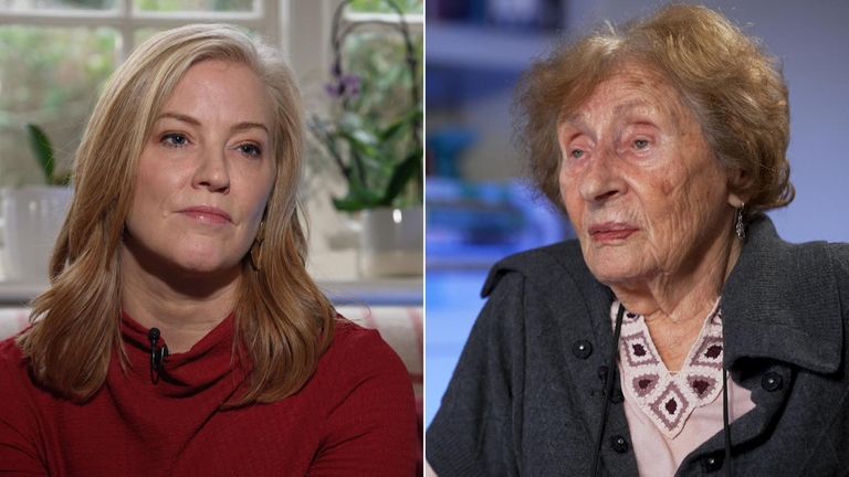 (L-R) Sky&#39;s Sarah-Jane Mee and Auschwitz survivor Susan Pollack