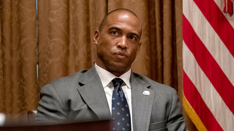 FILE - Scott Turner, the executive director of the White House Opportunity and Revitalization Council, attends a meeting in the Cabinet Room of the White House, May 18, 2020, in Washington. (AP Photo/Evan Vucci, File)